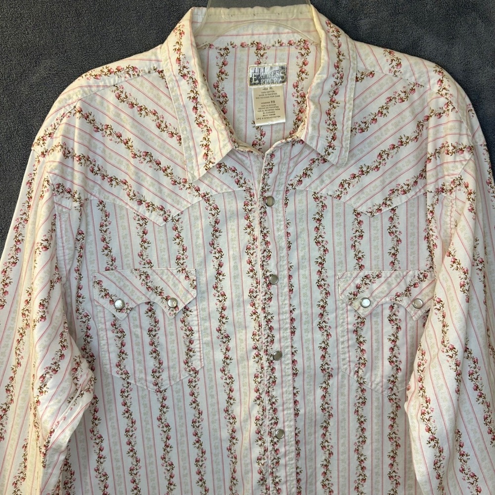 VTG Express Rider Mens XL Western Floral Striped Pearl Snap Shirt Pink White